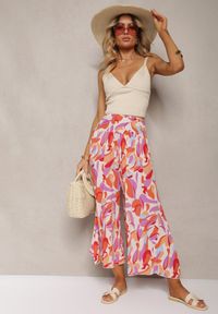 Renee - Beżowo-Różowe Spodnie Kuloty z Wiskozy High Waist z Gumką w Pasie Alaqinta. Okazja: na co dzień. Stan: podwyższony. Kolor: beżowy. Materiał: wiskoza. Styl: casual, elegancki