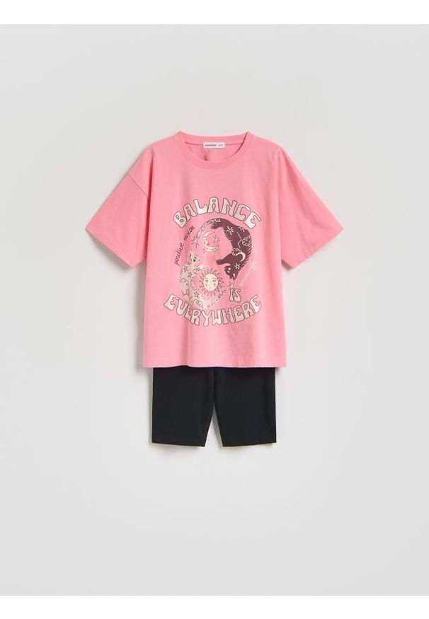 Reserved - Bawełniany komplet z nadrukiem - różowy. Kolor: różowy. Materiał: bawełna. Wzór: nadruk