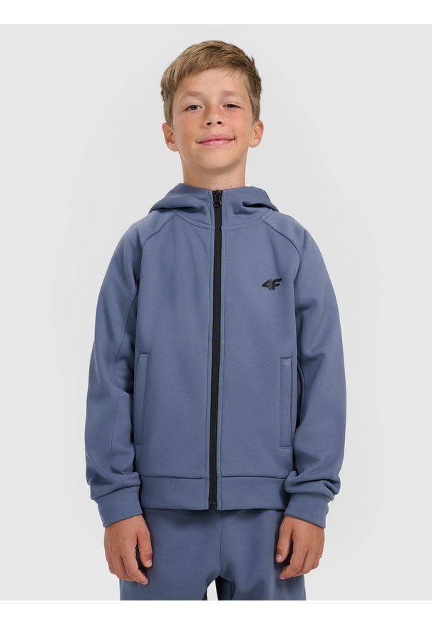 4f - 4F Bluza dresowa rozpinana z kapturem chłopięca - granatowa 146 (10-11 lat). Typ kołnierza: kaptur. Kolor: niebieski. Materiał: dresówka. Sezon: lato. Styl: klasyczny
