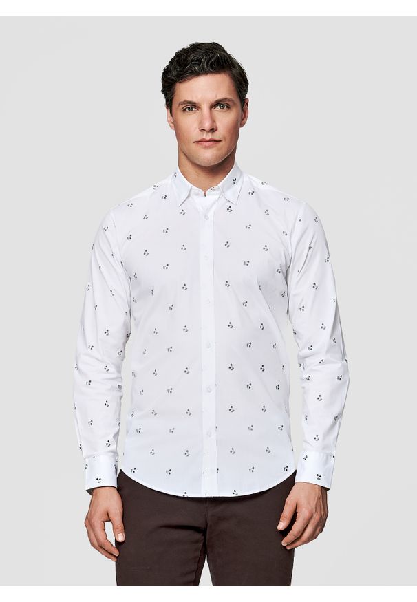 Pako Lorente - PAKO LORENTE - Biała koszula męska w wiśnie. Okazja: na co dzień. Kolor: biały. Materiał: elastan, bawełna. Długość rękawa: długi rękaw. Długość: długie. Styl: casual