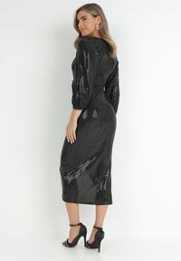Born2be - Czarna Sukienka Kopertowa z Cekinami adicy. Kolor: czarny. Długość rękawa: długi rękaw. Typ sukienki: kopertowe. Długość: midi #3
