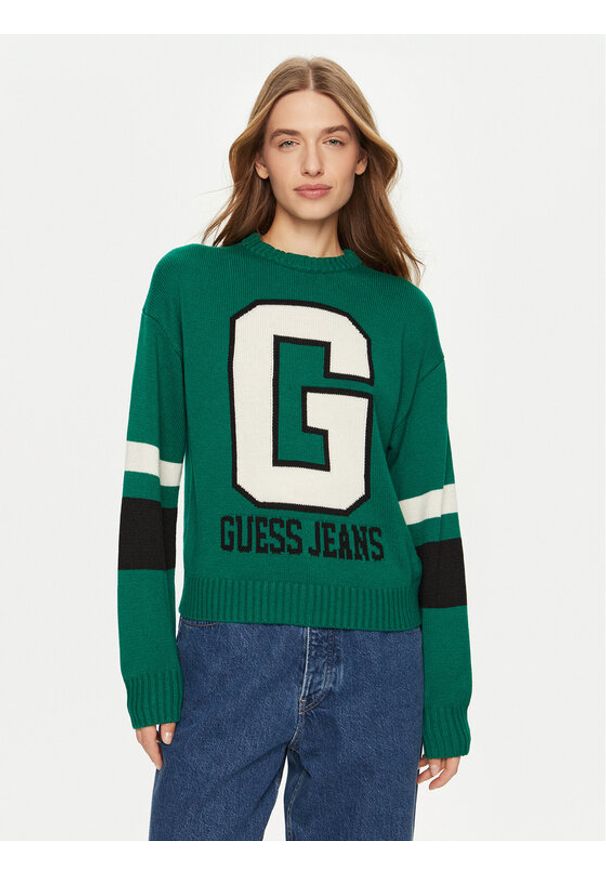 Guess Jeans Sweter W4BR11 Z3HN2 Zielony Regular Fit. Kolor: zielony. Materiał: wełna, syntetyk