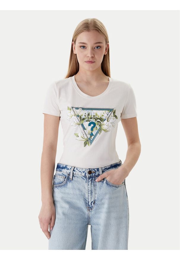 Guess T-Shirt W6RI35 J1314 Écru Slim Fit. Materiał: bawełna