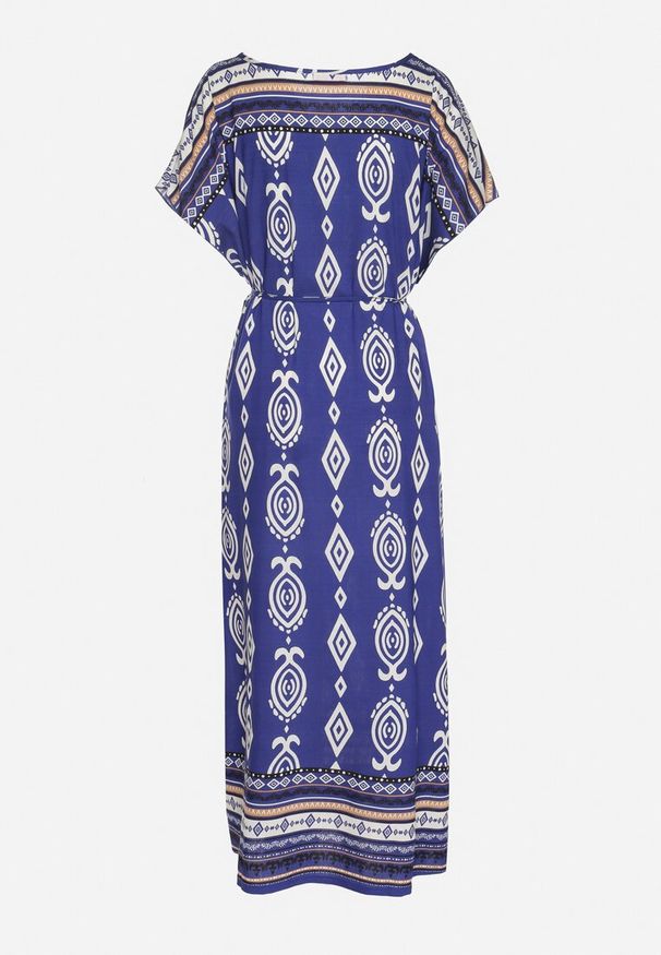 Born2be - Niebieska Pudełkowa Sukienka z Wiskozy w Etniczny Wzór Mirosela. Okazja: na co dzień. Kolor: niebieski. Materiał: wiskoza. Długość rękawa: krótki rękaw. Styl: casual, klasyczny, elegancki