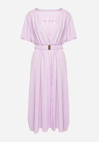 Born2be - Jasnofioletowa Kopertowa Sukienka z Bawełną i Materiałowym Paskiem Ozdobionym Klamrą Besvia. Okazja: na co dzień. Typ kołnierza: dekolt w kształcie V. Kolor: fioletowy. Materiał: bawełna, materiał. Długość rękawa: krótki rękaw. Wzór: aplikacja. Typ sukienki: kopertowe. Styl: casual, elegancki #7