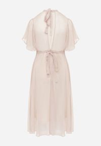 Renee - Beżowa Rozkloszowana Sukienka z Odkrytymi Plecami i Wiązaniem Syrissis. Typ kołnierza: kokarda. Kolor: beżowy. Materiał: materiał, tkanina. Wzór: aplikacja. Styl: wizytowy, elegancki. Długość: midi #5