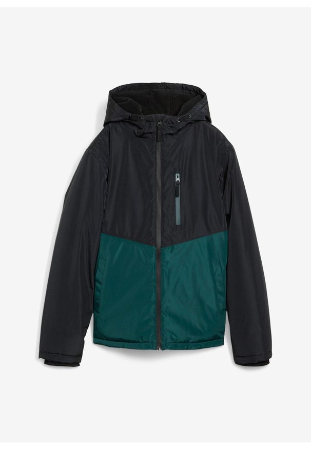 bonprix - Wodoodporna kurtka zimowa z kapturem i blokami kolorów. Typ kołnierza: kaptur. Kolor: zielony. Sezon: zima