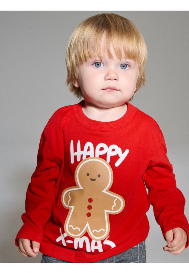 Sinsay - Bawełniana koszulka z nadrukiem świątecznym - czerwony. Kolor: czerwony. Materiał: bawełna. Wzór: nadruk. Styl: wizytowy