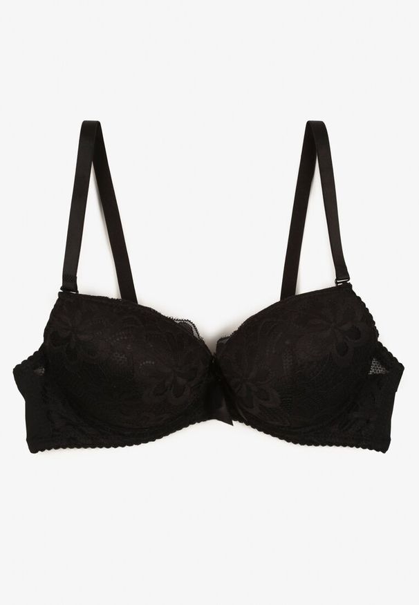 Renee - Czarny Biustonosz Push Up z Koronkowym Zdobieniem Ravgis. Kolor: czarny. Materiał: koronka. Rodzaj stanika: push-up. Wzór: aplikacja
