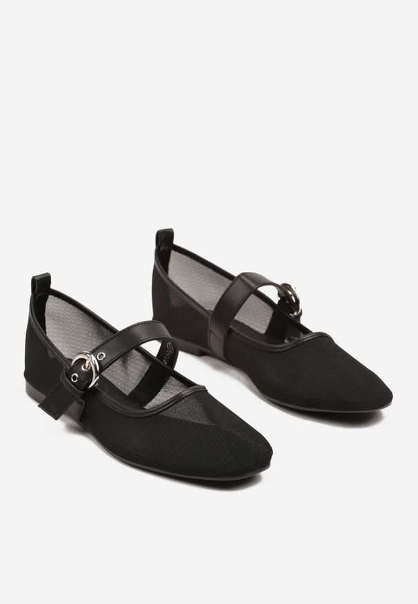 Renee - Czarne Siateczkowe Balerinki z Paskiem w Klamerką Korlexia. Okazja: na co dzień. Zapięcie: pasek. Kolor: czarny. Materiał: jeans. Obcas: na obcasie. Styl: elegancki, casual. Wysokość obcasa: niski
