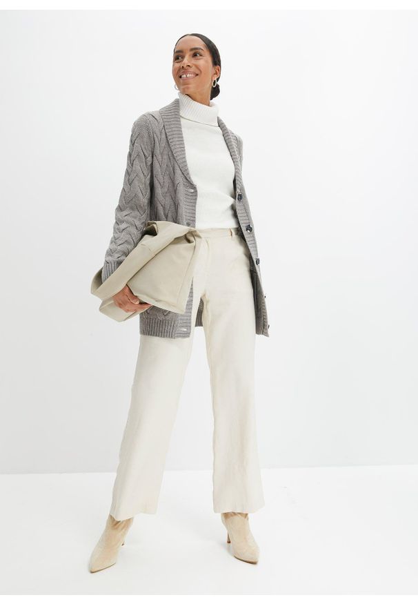 bonprix - Sweter rozpinany z szalowym kołnierzem i wzorem w warkocze. Kolor: szary. Długość: długie