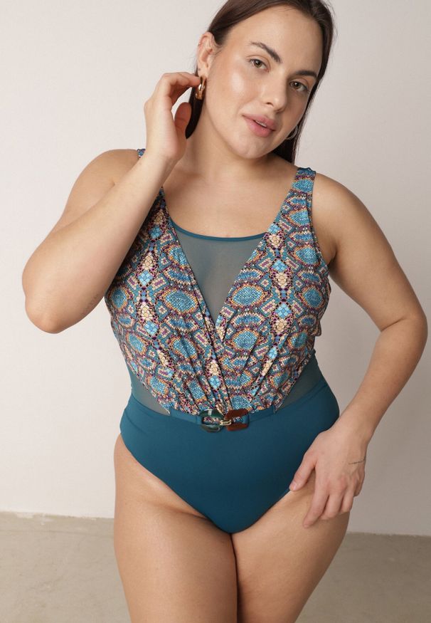 Born2be - Niebieski Kopertowy Strój Kąpielowy Jednoczęściowy z Siateczką i Paskiem Raera. Kolor: niebieski. Materiał: len