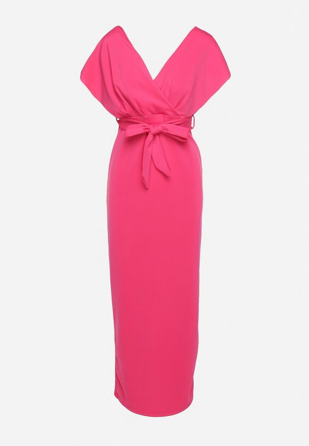 Born2be - Fuksjowa Wieczorowa Sukienka z Kopertowym Dekoltem i Rozcięciem z Materiałowym Paskiem Vorni. Okazja: na co dzień. Kolor: różowy. Materiał: materiał. Typ sukienki: kopertowe. Styl: wizytowy