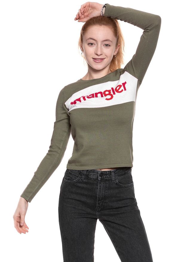 Wrangler - DAMSKI SWETER WRANGLER INTARISA KNIT DEEP LICHEN GRN W800SPW1X 112132198. Wzór: nadruk