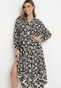 Born2be - Czarno-Biała Sukienka w Ornamentalny Wzór o Koszulowym Fasonie Venleia. Kolor: czarny. Wzór: aplikacja, kwiaty. Typ sukienki: koszulowe #7