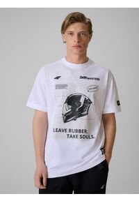 4f - 4F T-shirt loose z nadrukiem uniseks 4F x Drift Masters - biały S. Okazja: na co dzień. Kolor: biały. Materiał: bawełna, dzianina. Wzór: nadruk. Styl: street, casual, sportowy #1