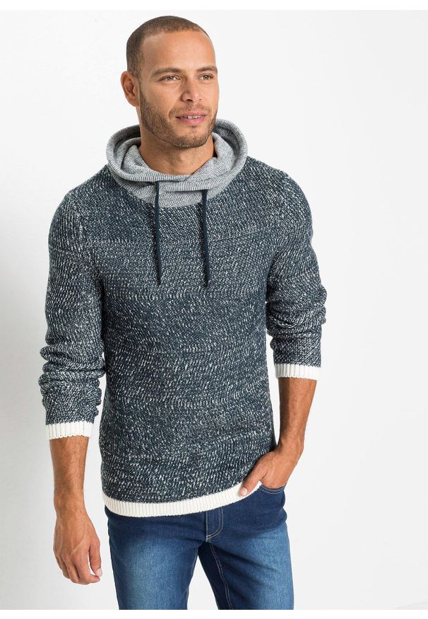 bonprix - Sweter z szalowym kołnierzem i kontrastowymi elementami. Kolor: niebieski