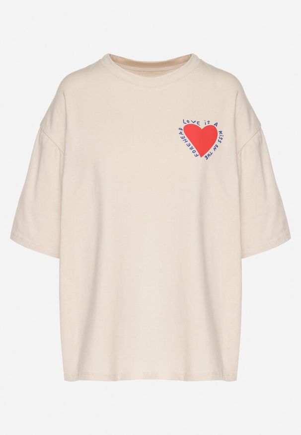 Born2be - Beżowy Bawełniany T-shirt z Motywem Serca Liorlie. Okazja: na co dzień, na spacer. Kolor: beżowy. Materiał: bawełna. Styl: klasyczny, casual