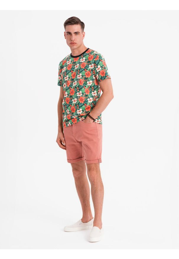 Ombre Clothing - Męskie jeansowe klasyczne szorty z podwiniętą nogawką – koralowe V6 - Rozmiar: L. Kolor: pomarańczowy. Materiał: jeans. Sezon: lato. Styl: klasyczny