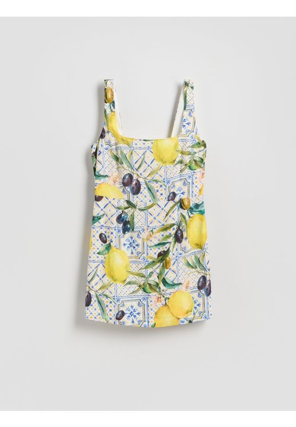 Reserved - Wzorzysta sukienka z lnem - wielobarwny. Materiał: len. Typ sukienki: proste