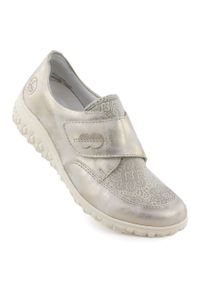 Półbuty damskie na rzep komfortowe beżowo złote Rieker 59552-62. Zapięcie: rzepy. Kolor: złoty, beżowy, wielokolorowy. Materiał: skóra ekologiczna #1