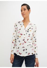 bonprix - Bluzka z lejącej wiskozy. Typ kołnierza: dekolt w serek. Kolor: biały. Materiał: wiskoza. Długość rękawa: długi rękaw. Długość: długie. Wzór: nadruk. Styl: elegancki #1