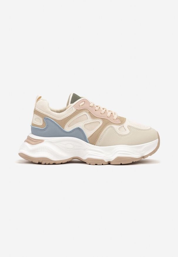 Renee - Beżowo-Niebieskie Casualowe Sneakersy na Platformie z Geometrycznym Motywem Mevalise. Okazja: na co dzień. Nosek buta: okrągły. Zapięcie: sznurówki. Kolor: beżowy. Materiał: materiał. Wzór: geometria. Obcas: na platformie. Wysokość obcasa: niski