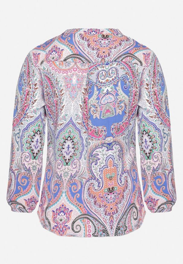 Born2be - Niebiesko-FIoletowa Bluzka Koszula z Guzikami Przy Dekolcie w Ornamentalny Print Indafare. Okazja: na co dzień, do pracy, na spotkanie biznesowe. Kolor: niebieski. Materiał: jeans. Wzór: nadruk. Styl: casual, elegancki, biznesowy