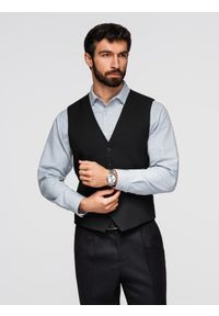 Ombre Clothing - Elegancka męska kamizelka w jodełkę SLIM FIT - czarna V3 - Rozmiar: XL. Okazja: na co dzień, do pracy, na spotkanie biznesowe. Typ kołnierza: golf. Kolor: czarny. Materiał: poliester, elastan, tkanina, materiał, wiskoza. Wzór: jodełka. Styl: elegancki