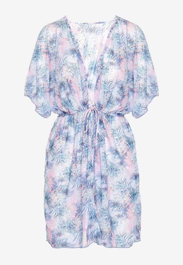 Born2be - Niebiesko-Różowa Narzutka Plażowa w Kwiaty z Wiązaniem Ulonesia. Okazja: na plażę. Kolor: niebieski. Wzór: kwiaty. Sezon: lato. Styl: casual, klasyczny