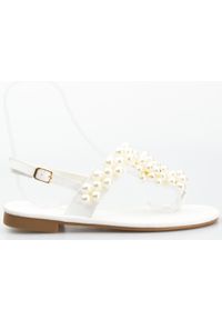 Inna - Sandały japonki z ozdobami białe. Kolor: biały. Materiał: materiał. Wzór: aplikacja. Styl: wakacyjny