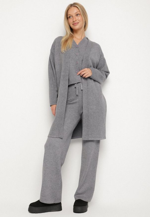Born2be - Szary Dzianinowy Komplet z Wełną Kamizelka Długi Kardigan i Spodnie Otizela. Kolekcja: plus size. Kolor: szary. Materiał: wełna, dzianina