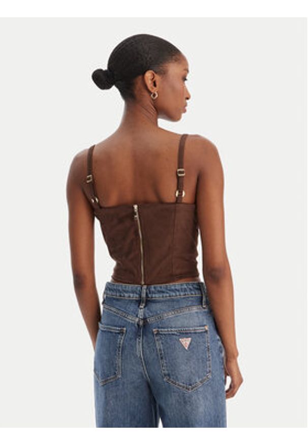 Guess Top W6RH03 WJ472 Brązowy Slim Fit. Kolor: brązowy. Materiał: syntetyk