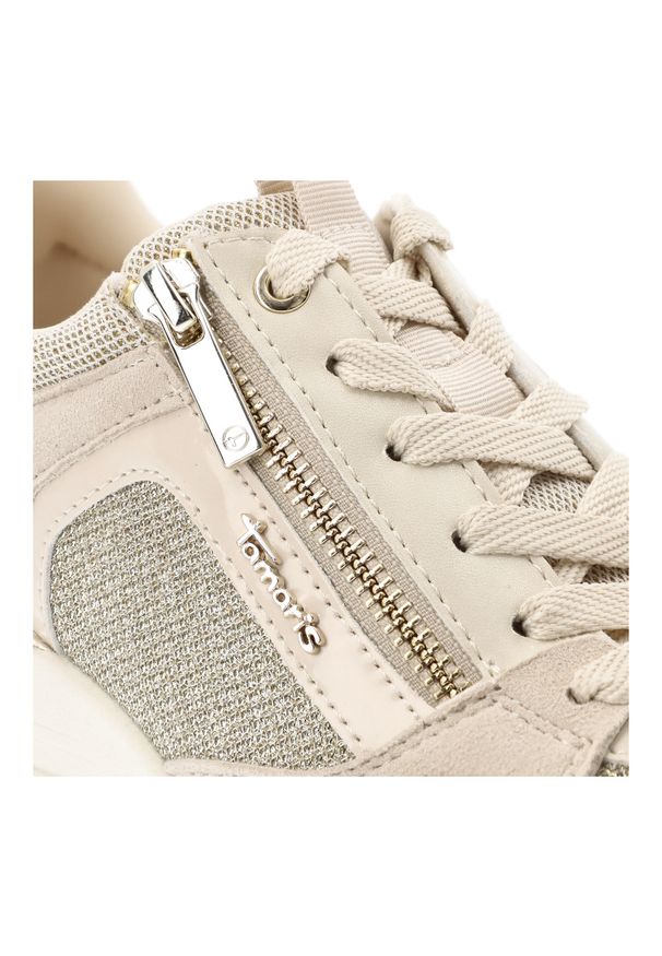 Beżowe Sneakersy Tamaris Eleganckie Obuwie Damskie Na Koturnie. Zapięcie: sznurówki. Kolor: beżowy. Materiał: materiał. Szerokość cholewki: normalna. Wzór: aplikacja. Obcas: na koturnie. Styl: elegancki