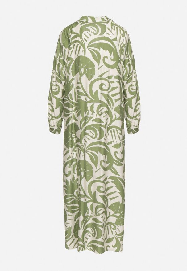 Born2be - Zielona Sukienka Szmizjerka Zapinana na Guziki z Falbanką Lavernia. Okazja: na co dzień, na randkę. Typ kołnierza: dekolt w kształcie V, kołnierz z falbankami. Kolor: zielony. Materiał: wiskoza, materiał, jeans. Długość rękawa: długi rękaw. Typ sukienki: szmizjerki. Styl: elegancki, klasyczny, casual