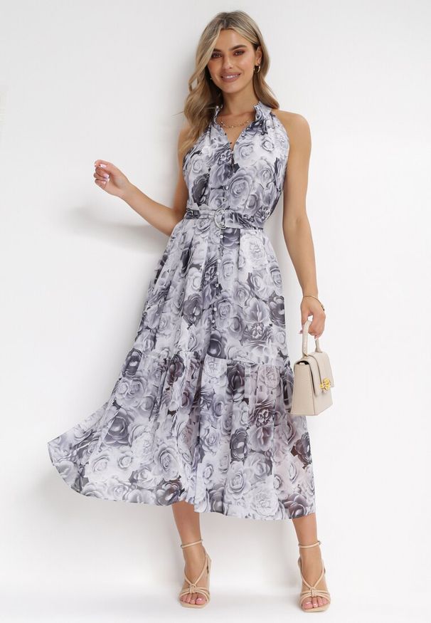 Born2be - Biało-Czarna Rozkloszowana Sukienka z Materiałowym Paskiem Evanagia. Kolor: biały. Materiał: materiał