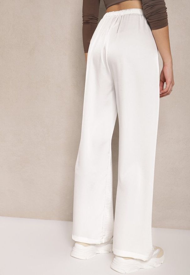 Renee - Białe Spodnie o Szerokim Kroju z Wiskozą High Waist z Wiązaniem Jerisia. Okazja: na co dzień. Stan: podwyższony. Kolor: biały. Materiał: wiskoza. Styl: elegancki, casual