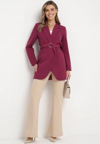 Born2be - Ciemnofioletowa Sukienkowa Marynarka z Paskiem w Talii Saathvika. Okazja: na co dzień. Kolor: fioletowy. Materiał: materiał. Styl: casual