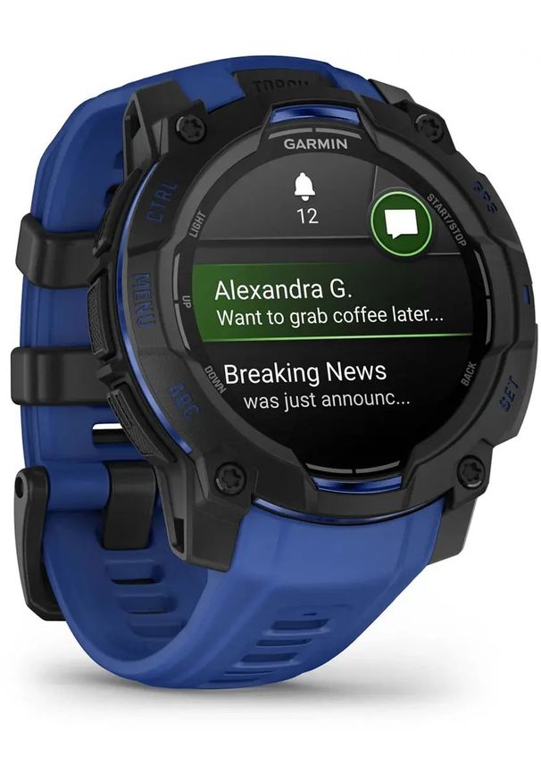 GARMIN - Zegarek sportowy Garmin Instinct 3 AMOLED - 45mm Czarno-niebieski (010-02936-03). Kolor: czarny, niebieski, wielokolorowy. Styl: sportowy