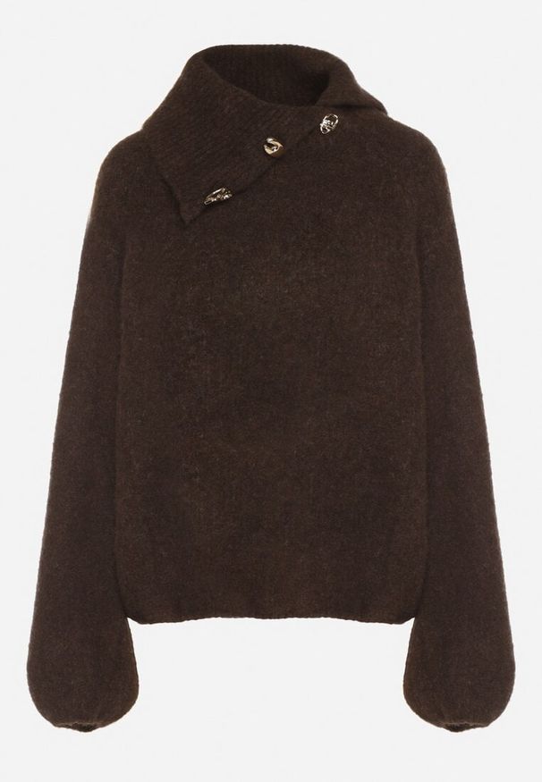 Born2be - Brązowy Golf z Wełną i Metalicznymi Guzikami Vidora. Okazja: na co dzień. Typ kołnierza: golf. Kolor: brązowy. Materiał: wełna. Wzór: aplikacja. Styl: casual, elegancki