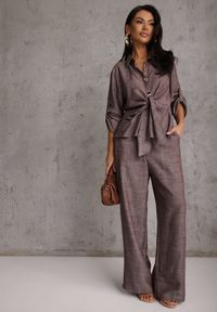 Renee - Brązowy Komplet z Wiskozą Bawełną i Lnem Wiązana Koszula i Szerokie Spodnie Ravisela. Kolor: brązowy. Materiał: wiskoza, bawełna, len #2