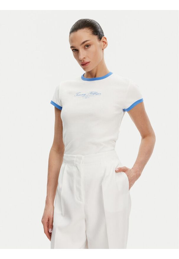 TOMMY HILFIGER - Tommy Hilfiger T-Shirt WW0WW44581 Écru Slim Fit. Kolor: kremowy. Materiał: bawełna