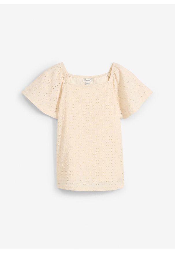 bonprix - Bluzka shirtowa z ażurowym haftem. Kolor: beżowy. Wzór: ażurowy, haft
