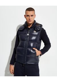 MONCLER - Granatowa kamizelka puchowa. Kolor: niebieski. Materiał: puch. Wzór: aplikacja #1