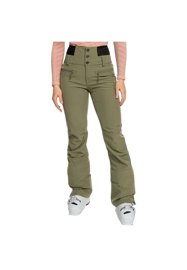 Spodnie narciarskie damskie Roxy Rising High Shell Snow. Kolor: zielony. Materiał: poliester, elastan. Sezon: zima. Sport: narciarstwo