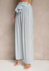 Renee - Niebieskie Wiskozowe Spodnie High Waist o Szerokim Kroju Aranisa. Okazja: na co dzień. Stan: podwyższony. Kolor: niebieski. Materiał: wiskoza. Wzór: aplikacja. Styl: elegancki, casual #3
