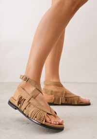 Born2be - Ciemnobeżowe Sandały w Stylu Rzymianek z Frędzlami Lysoph. Okazja: na co dzień. Zapięcie: sprzączka. Kolor: beżowy. Materiał: jeans. Styl: casual, elegancki, boho #4
