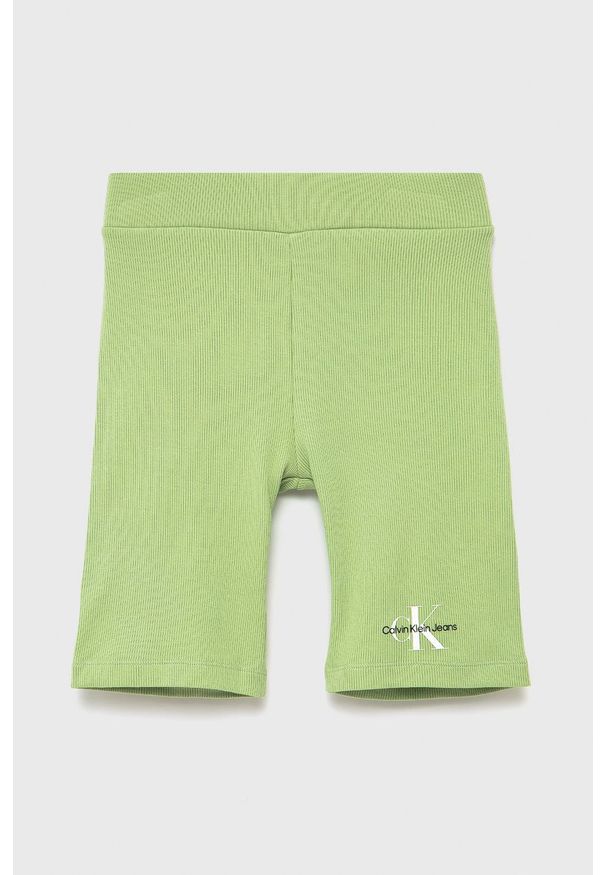 Calvin Klein Jeans szorty dziecięce kolor zielony z nadrukiem. Kolor: zielony. Materiał: dzianina. Wzór: nadruk