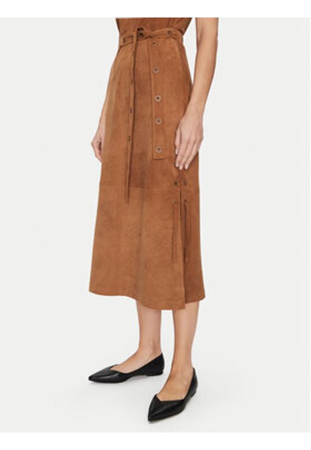 Munthe Sukienka skórzana Filom 251132025116 Brązowy Regular Fit. Kolor: brązowy. Materiał: skóra