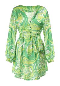 Born2be - Zielona Sukienka Phylestra. Kolor: zielony. Materiał: materiał. Długość rękawa: długi rękaw. Wzór: aplikacja, kolorowy. Długość: mini